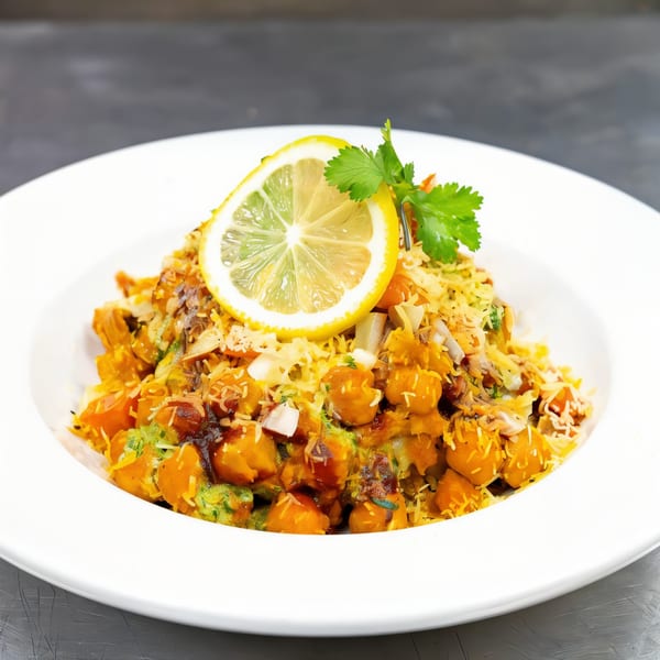 A vibrant Indian dish with chickpeas, spices, cilantro, and a lemon slice in a white bowl.