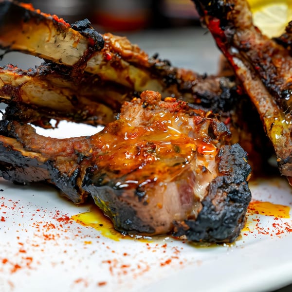 Close-up of juicy, charred Indian lamb chops with a vibrant orange glaze and red spice sprinkles.