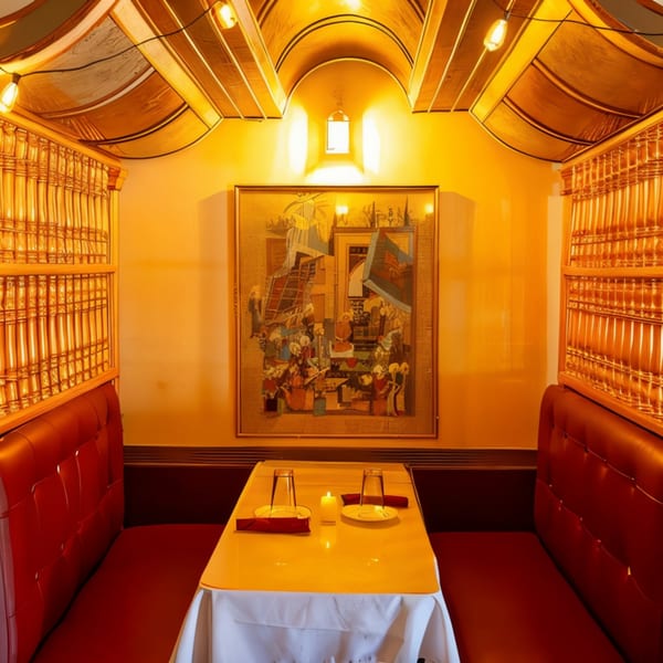 Cozy Indian restaurant booth with red seating, a set table, and ornate golden decor.