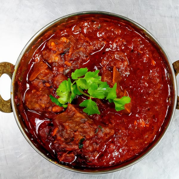Palace Indian Restaurant's vibrant red curry with meat and fresh cilantro in a metal bowl.