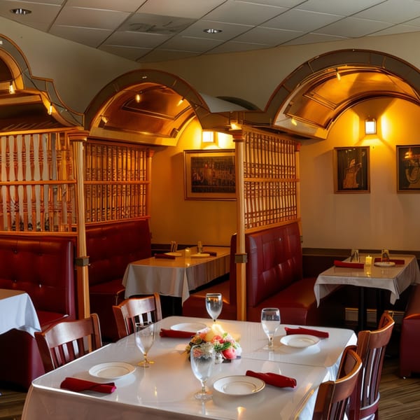 Palace Indian Restaurant's dining room with red booths, wooden partitions, and set tables under warm lighting.