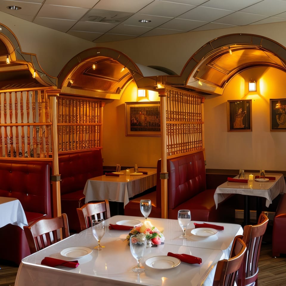 Palace Indian Restaurant's dining room with red booths, wooden partitions, and set tables under warm lighting.